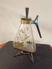 🔥Vintage Inland Glass Atomic Coffee Carafe Warmer Stand MCM 1950s Retro Flowers picture