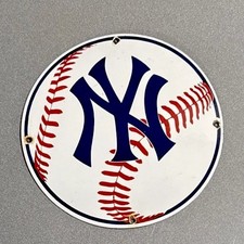 VINTAGE 12” NY NEW YORK BASEBALL PORCELAIN SIGN CAR GAS OIL TRUCK MOTORCYCLE picture