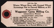 Vintage tag WAGGONER GATES MILLING CO Independence Missouri new old stock n-mint picture
