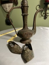 Vintage J.P. India Etched Brass Aftaba Ewer & Slipper Ashtrays 3pc Set picture