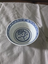 Vintage Chinese Blue & White Porcelain Rice Eye Grain Dragon Bowl 4.5