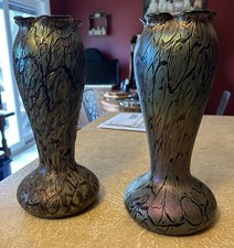 Two (2) Rindskopf Rubina (Ruby) Iridescent Crackle Tall Art Glass Vases ca 1900 picture