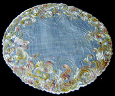 Antique Society  Doily Silk hand  embroidered Scrolling Leaves Flowers 10
