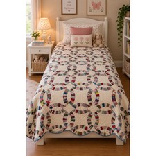 Vintage Traditional Handmade Double Wedding Ring Patchwork Quilt 195x165cm picture