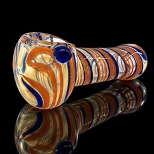 Glass Tobacco Hand Pipe Cobalt Blue Red Spiral Linework Raised Accents picture