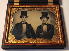 1850's AMBROTYPE TWO DAPPER GENTS IN TOP HATS 1/4 PLT NICE F. GOLL CASE picture