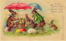 Easter Hold to Light Dressed Rabbits Umbrellas Eggs Antique Postcard, Unposted picture