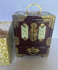 Vintage Oriental Chinese Rosewood/Brass w Carved Jade Inlay Jewelry Box W/ Lock picture