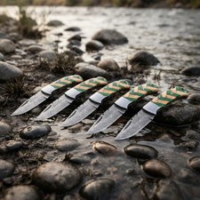 SET OF 5 PCS, HANDMADE DAMASCUS STEEL FOLDING KNIVES, WOOD HANDLE & SHEATHS picture