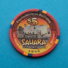 1996 $5 Sahara Casino Poker Chip Las Vegas - Excitement is Building Edition picture
