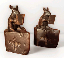 Vintage Set Bronze Mice Mouse Reading Books on Swiss Cheese Wedges Bookends SPI  picture