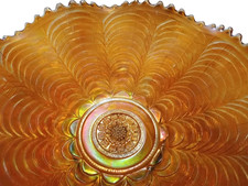 Northwood Marigold Carnival Glass Peacock Tail Basket Weave Ruffled Rim Bowl 74 picture