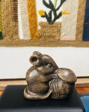Vintage Hand Carved Soapstone Mouse Rat Holding Mushroom picture