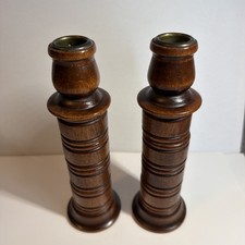 Pair of Vtg Mid Century Modern Wood Napkin Ring Candlestick Holders 8”hx21/2”w  picture