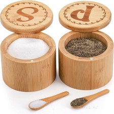 2 Pack Bamboo Salt and Pepper Holder Box with Spoons - 6 Oz Capacity picture