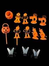 Vtg Hard Plastic Rosen Rosbro Halloween Witch cat Pumpkin Cupcake Cake Toppers picture