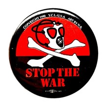  Vintage 1990 YCL USA Stop The War Pinback Button Skull Gas Mask Anti War Pin picture