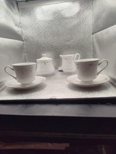 Vintage Silverie Sugar Bowl Creamer Two Cups Sausers Pink Flowers & Silver Trim  picture
