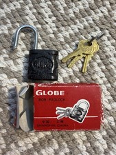 Vintage GLOBE Iron Padlock Black w/ Original Box & 3 Keys Shanghai China picture