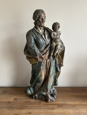 Large Early Antique 17th/18th Century Polychrome Carved Wood Statue Joseph Jesus picture