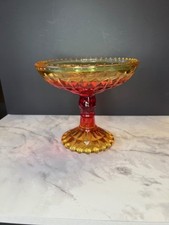 Vintage Amberina Glass Pedestal Compote Bowl – Diamond Cut Candy Dish picture