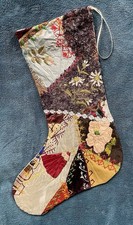 1884 GORGEOUS ANTIQUE VINTAGE CRAZY QUILT CHRISTMAS STOCKING CUTTER QUILT 26-70 picture