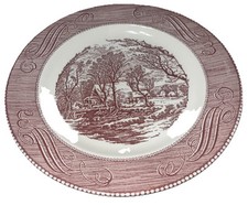 Currier &Ives The Old Grist Mill 10” Dinner Plate Red Pink 1960’s.  Vintage Old picture