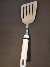 vintage short handle slotted spatula stainless, 10