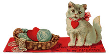 Vintage Valentine Card, Sweet Kitty w/Sewing Basket/Ball of Yarn, GERMANY picture