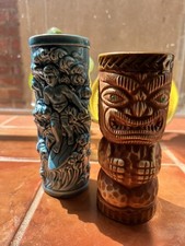 Vintage Orchids Of Hawaii Tiki Mugs X2 — Green Jeweled Eyes & Blue Surfer. Japan picture