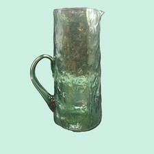 Textured Crinkle Glass Tall Pitcher Forest Green Low Offset Attached Handle picture