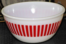 VINTAGE HAZEL ATLAS WHITE MILK GLASS w RED CANDY CANE STRIPES 8 INCH MIXING BOWL picture