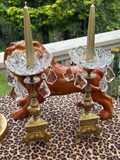 Pair of Antique English Ornately Carved Brass Candleholders -   with Bobeches picture