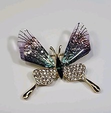 Butterfly Brooch Pin Large Green & Small Clear Faceted Faux Gems Glittery Wings picture