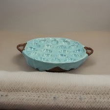 VTG 1986 Ceramic Deviled Egg Platter Mold Basket Weave Aqua 18 Egg Handpainted picture