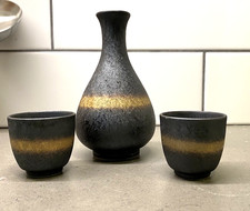 Bizen Ware Sake Set Tokkuri Guinomi Pottery Japan Vintage Brown picture