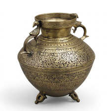 Handcrafted Brass Peacock Urn, Engraved Floral Kalash Vessel (11.5