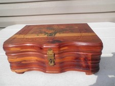 Vintage Curved Cedar Jewelry / Dresser Box- Roses Decorated Top  Mottled Mirror picture