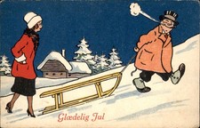 Christmas Winter Sledding Couple E. P. H. c1910s-20s Vintage Postcard picture
