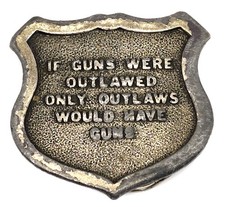 1975 Vintage Well Worn Bergamot Brass Works Shield Shaped Pro-Gun Belt Buckle picture