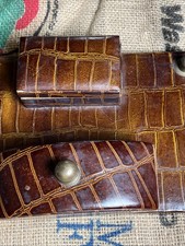 Vintage Croc Leather Embossed Brass Desk Set Pencil Holder  Box . Brown picture