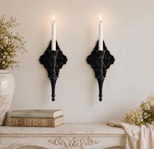 Antique Black Ornate Iron Wall Mounted Candle Sconces Metal Candle Holders Pair picture