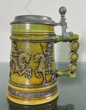 Gerz West Germany Ceramic Green Beer Stein Medieval Knights Horses Pewter Lid picture