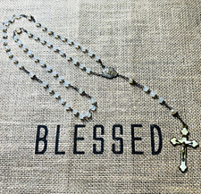 Antique French Catholic Rosary Opaline Glass Mother of Pearl Inlaid Crucifix picture