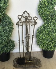 Vintage Brass Rococo Style 5-Piece Fireside Companion Set Fireplace Tools 21” picture