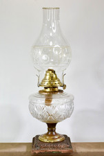 Antique E Miller Co Glass Oil Lamp w/ Brass Venus Burner & Graphic Chimney XLNT picture