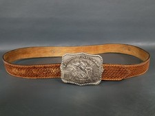 Vintage Toded Leather Belt w/ 1986 Hesston National Finals Rodeo Buckle picture