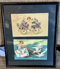 Ephemera 2 Vintage 1908 Framed Valentine's Day Postcards Cupid Bicycle Birds picture