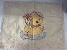 Vintage Baby Pillow Sham Embroidered Chick Floral Lace Nursery Decor 13x17 picture