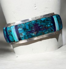 Vintage Native American Turquoise Blue Lapis Inlay Sterling 925 Cuff Bracelet picture